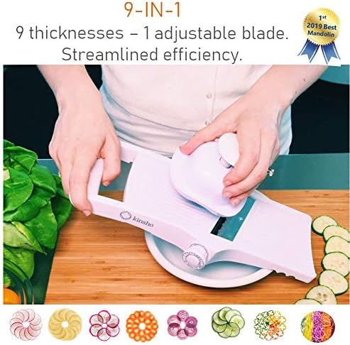 Mandolin Slicer Adjustable Mandoline | Best Hand-Held Cutter for Vegetable Potato Zucchini Food | Professional Steel Blade - Safe Finger Guard - 9-in-1 Japanese Design White