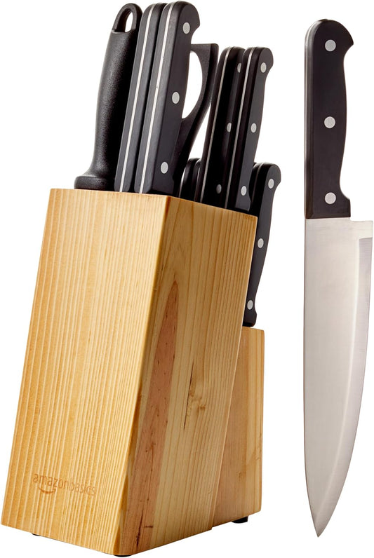 14-Piece High Carbon Stainless Steel Kitchen Knife Set with Full Tang Construction, Ergonomic Handles, Sharpener and Pinewood Block, Black