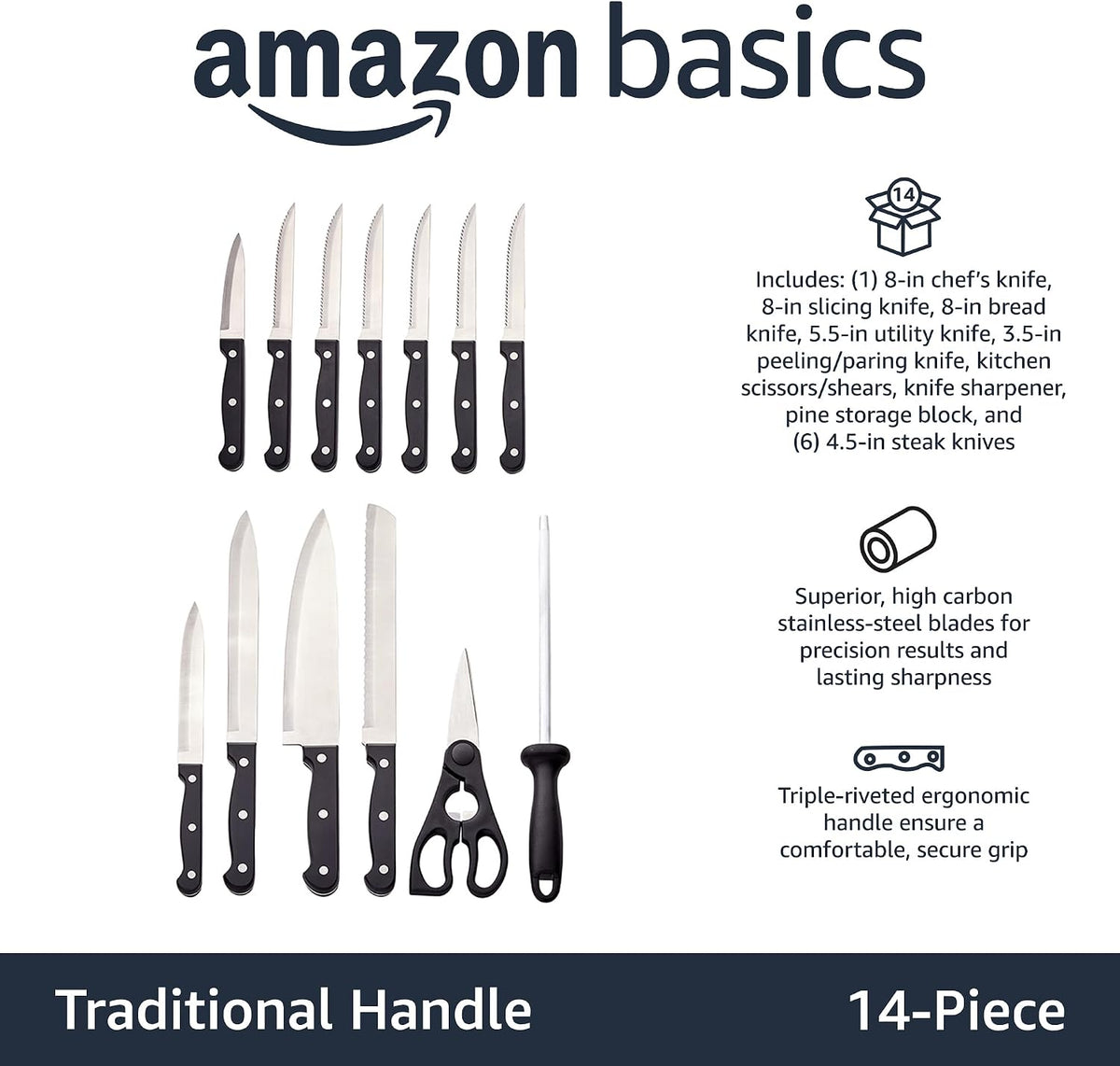14-Piece High Carbon Stainless Steel Kitchen Knife Set with Full Tang Construction, Ergonomic Handles, Sharpener and Pinewood Block, Black