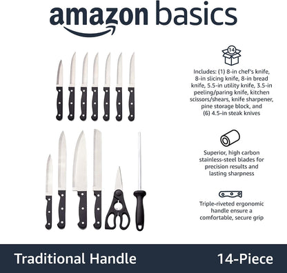 14-Piece High Carbon Stainless Steel Kitchen Knife Set with Full Tang Construction, Ergonomic Handles, Sharpener and Pinewood Block, Black