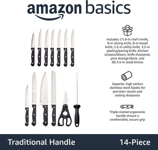 14-Piece High Carbon Stainless Steel Kitchen Knife Set with Full Tang Construction, Ergonomic Handles, Sharpener and Pinewood Block, Black