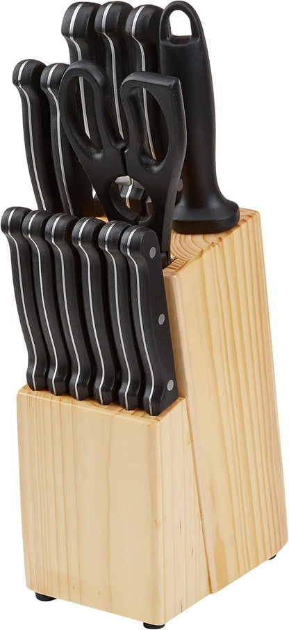 14-Piece High Carbon Stainless Steel Kitchen Knife Set with Full Tang Construction, Ergonomic Handles, Sharpener and Pinewood Block, Black