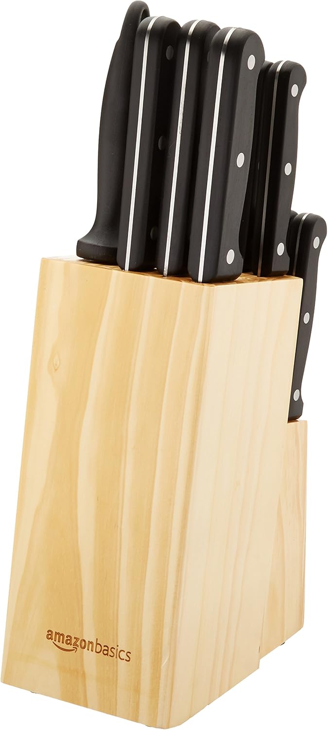 14-Piece High Carbon Stainless Steel Kitchen Knife Set with Full Tang Construction, Ergonomic Handles, Sharpener and Pinewood Block, Black