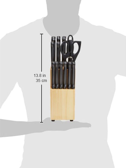 14-Piece High Carbon Stainless Steel Kitchen Knife Set with Full Tang Construction, Ergonomic Handles, Sharpener and Pinewood Block, Black