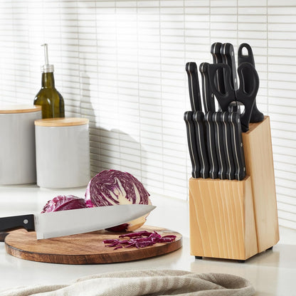14-Piece High Carbon Stainless Steel Kitchen Knife Set with Full Tang Construction, Ergonomic Handles, Sharpener and Pinewood Block, Black