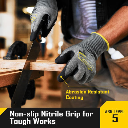 ANSI A5 Cut Resistant Gloves - 1/3/12 Pairs, Nitrile Rubber Dipped Safety Work Gloves for Men, Knife Proof with Grip Coating for Construction Warehouse Glass Wood Work, Grey Medium