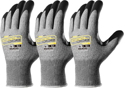 ANSI A5 Cut Resistant Gloves - 1/3/12 Pairs, Nitrile Rubber Dipped Safety Work Gloves for Men, Knife Proof with Grip Coating for Construction Warehouse Glass Wood Work, Grey Medium
