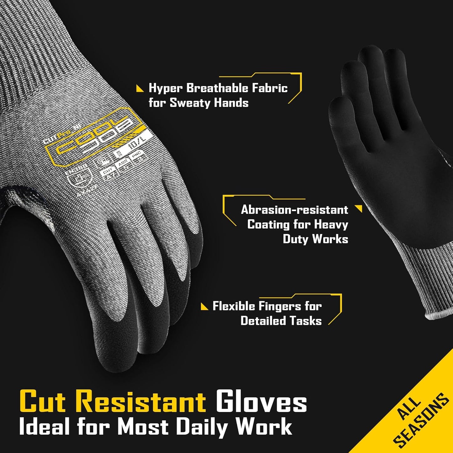 ANSI A5 Cut Resistant Gloves - 1/3/12 Pairs, Nitrile Rubber Dipped Safety Work Gloves for Men, Knife Proof with Grip Coating for Construction Warehouse Glass Wood Work, Grey Medium