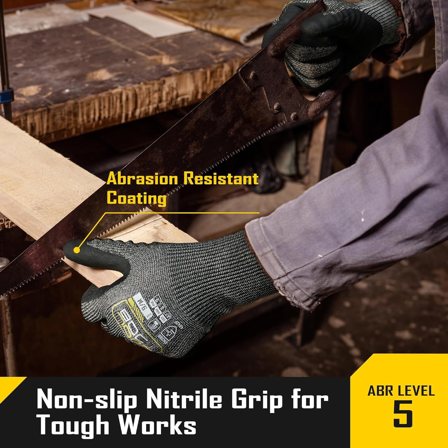 ANSI A5 Cut Resistant Gloves - 1/3/12 Pairs, Nitrile Rubber Dipped Safety Work Gloves for Men, Knife Proof with Grip Coating for Construction Warehouse Glass Wood Work, Grey Medium