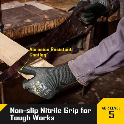 ANSI A5 Cut Resistant Gloves - 1/3/12 Pairs, Nitrile Rubber Dipped Safety Work Gloves for Men, Knife Proof with Grip Coating for Construction Warehouse Glass Wood Work, Grey Medium