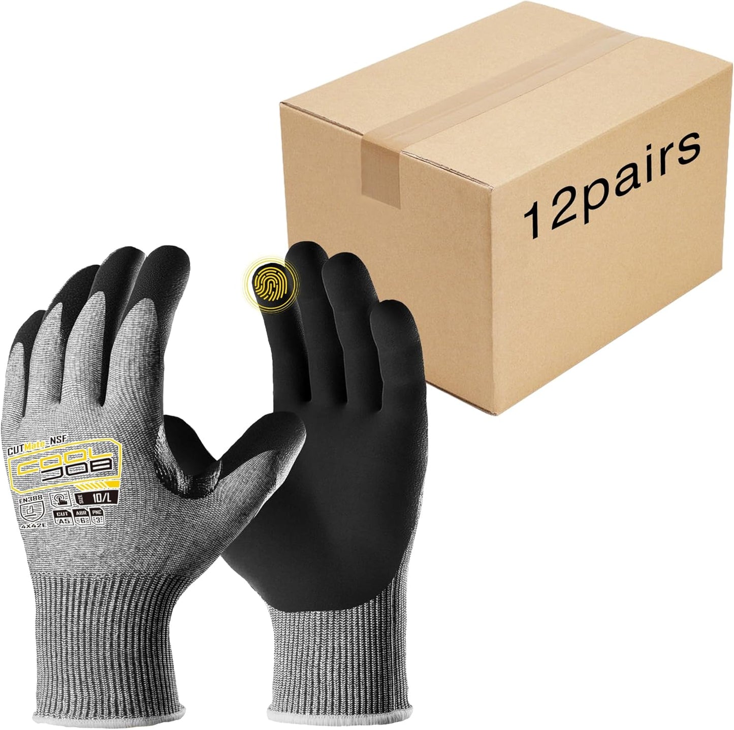 ANSI A5 Cut Resistant Gloves - 1/3/12 Pairs, Nitrile Rubber Dipped Safety Work Gloves for Men, Knife Proof with Grip Coating for Construction Warehouse Glass Wood Work, Grey Medium