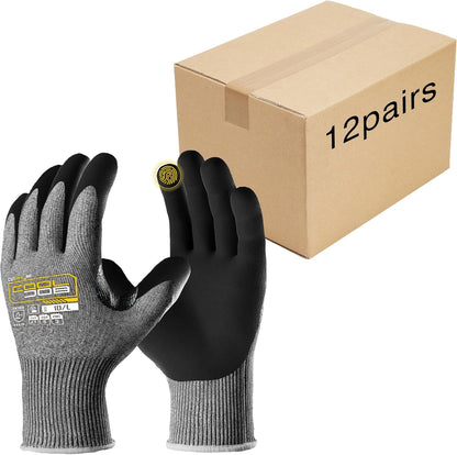 ANSI A5 Cut Resistant Gloves - 1/3/12 Pairs, Nitrile Rubber Dipped Safety Work Gloves for Men, Knife Proof with Grip Coating for Construction Warehouse Glass Wood Work, Grey Medium