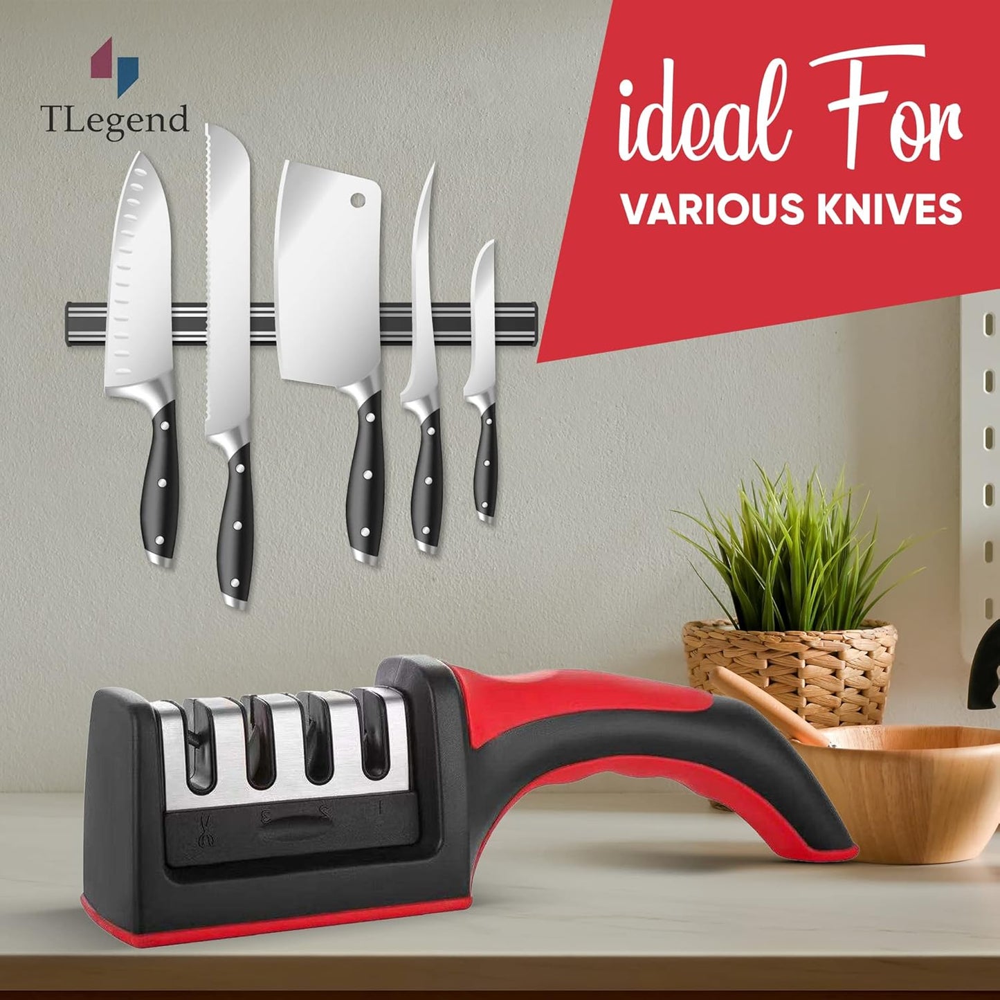 Knife Sharpeners for Kitchen Knives– Stainless Steel 4 in1 Kitchen Knife Sharpener – Ergonomic and Easy to Use Knife Sharpening Kit with 4 Stage Sharpening Slots