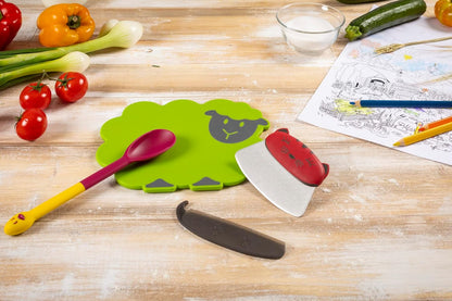 Kinderkitchen Kids Mezzaluna Knife With Blade Protector, Cat, 5.2" x 3.3" x 0.7", Red | Child-Friendly Cutting Tools For Real Cooking