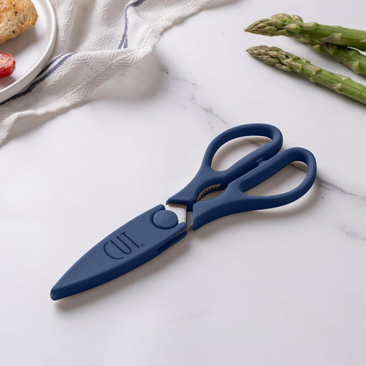 Kitchen Scissors- Stainless Steel Kitchen Shears, Cooking Scissors for Cutting Meat, Chicken, Herbs and Produce with Blade Cover and Soft Grip Handles (Blue)