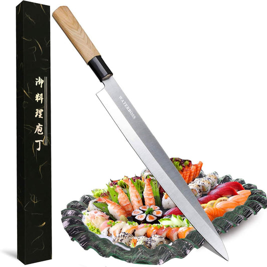 Waterboss,Japanese Sushi Chef Knife Salmon Knife Slicer Razor Sharp Sashimi Watermelon Knives, 5Cr15mov Stainless Steel Sashimi Yanagiba Knife, Maple Handle, 11.8inch (300mm)