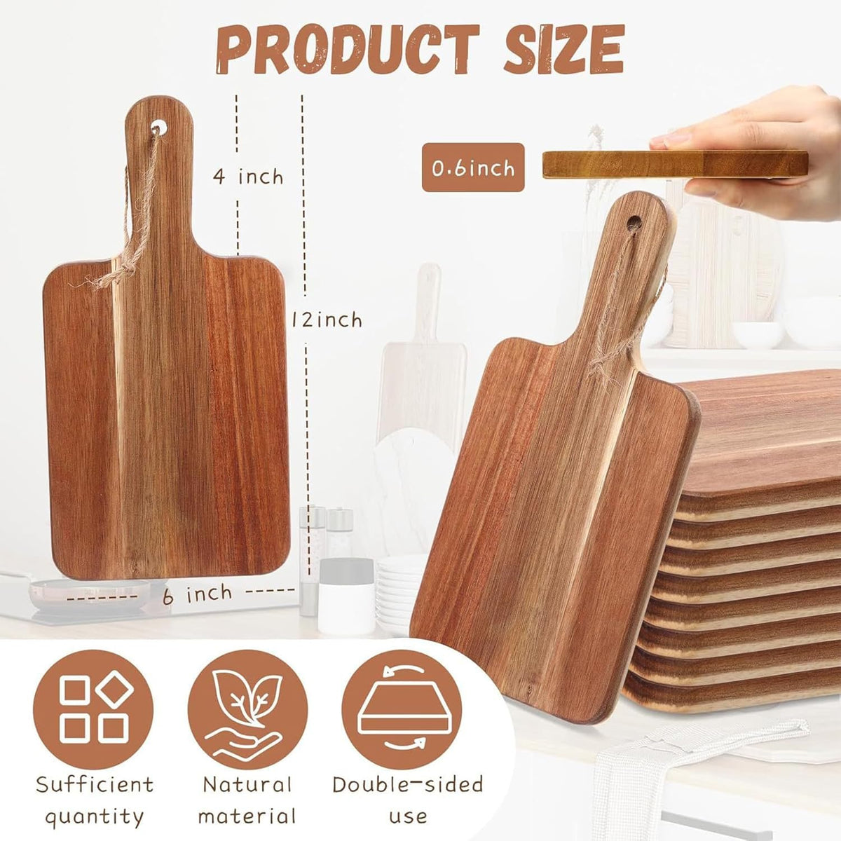 6 Pcs Acacia Wood Cutting Board with Handle, Small Wooden Charcuterie Boards, Decorative Bulk Serving Boards for Kitchen Cheese Bread (12 x 6 x 0.6 Inch)