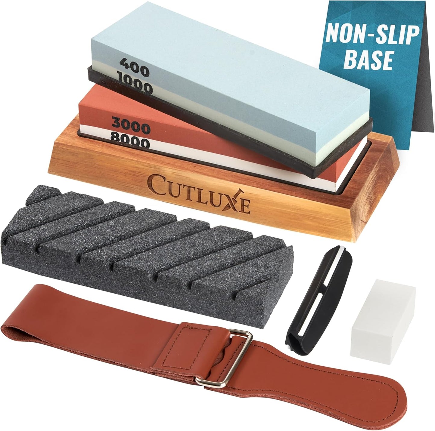 Whetstone Knife Sharpener – Sharpening Stone Kit, Professional 4 Side Grit 400/1000/3000/8000, Non Slip Acacia Wood Base, Angle Guide, Black Flattening Stone, Leather Strop