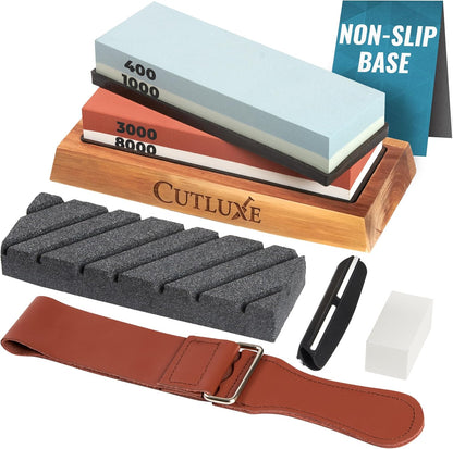 Whetstone Knife Sharpener – Sharpening Stone Kit, Professional 4 Side Grit 400/1000/3000/8000, Non Slip Acacia Wood Base, Angle Guide, Black Flattening Stone, Leather Strop