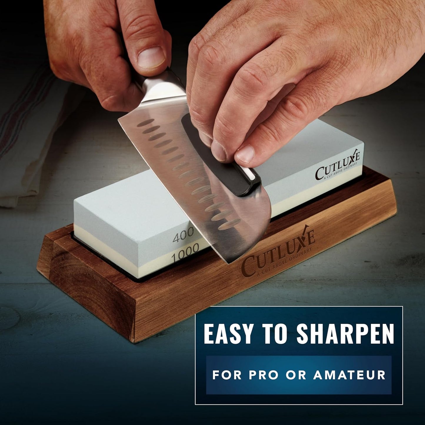 Whetstone Knife Sharpener – Sharpening Stone Kit, Professional 4 Side Grit 400/1000/3000/8000, Non Slip Acacia Wood Base, Angle Guide, Black Flattening Stone, Leather Strop