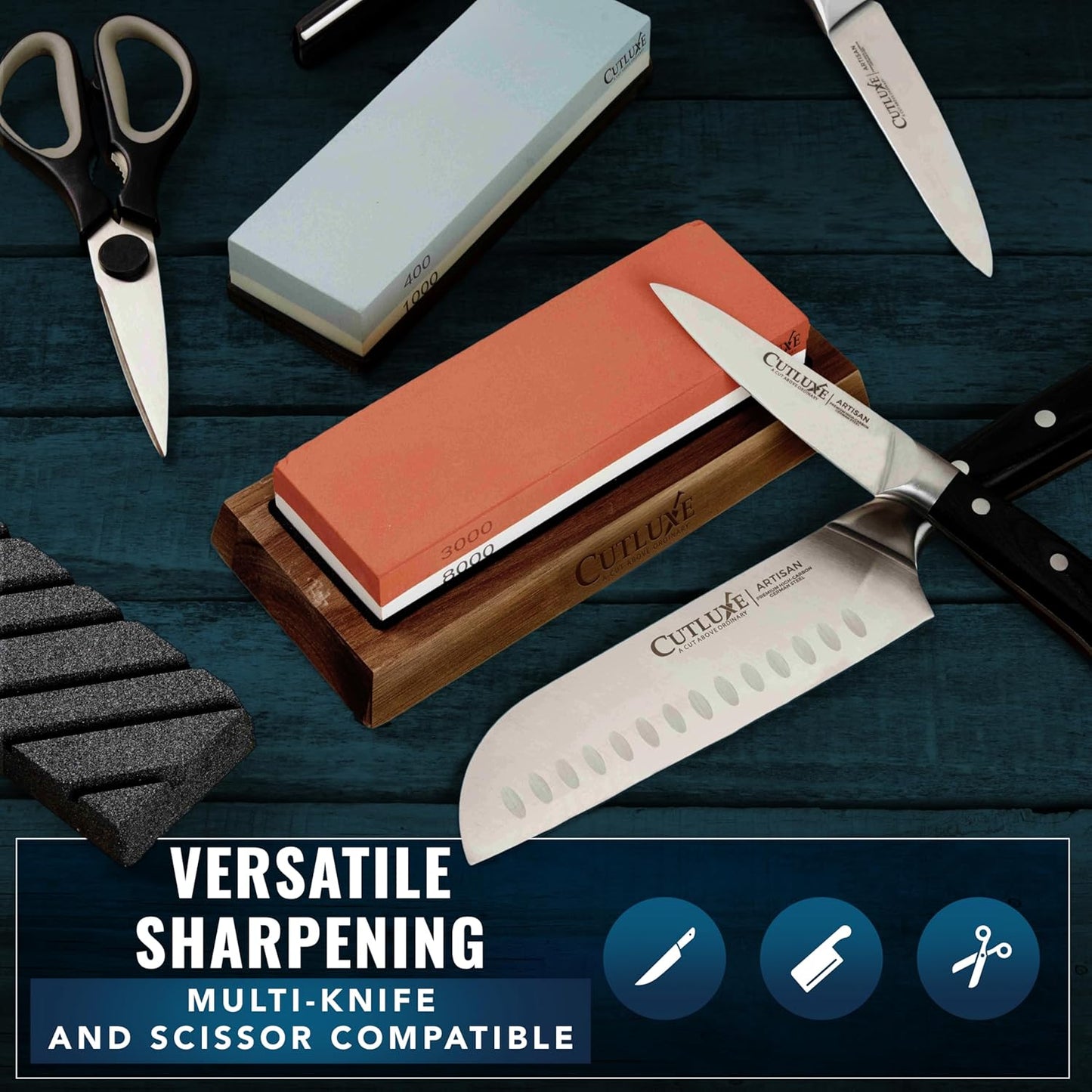 Whetstone Knife Sharpener – Sharpening Stone Kit, Professional 4 Side Grit 400/1000/3000/8000, Non Slip Acacia Wood Base, Angle Guide, Black Flattening Stone, Leather Strop