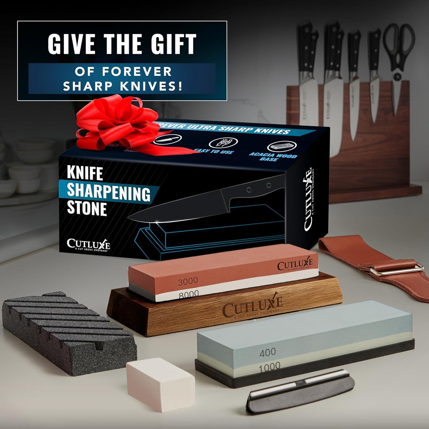 Whetstone Knife Sharpener – Sharpening Stone Kit, Professional 4 Side Grit 400/1000/3000/8000, Non Slip Acacia Wood Base, Angle Guide, Black Flattening Stone, Leather Strop