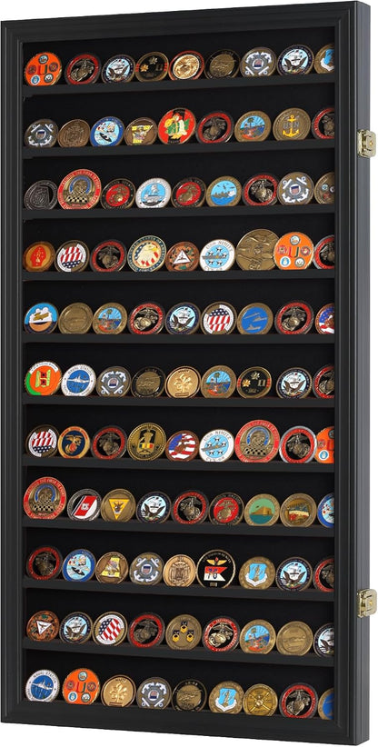 DisplayGifts Military Challenge Coin Display Case Poker Chips Holder Wall Cabinet Rack 29 X 16 Compatible with Army Navy Air Force Marine Corps Challenge Coins