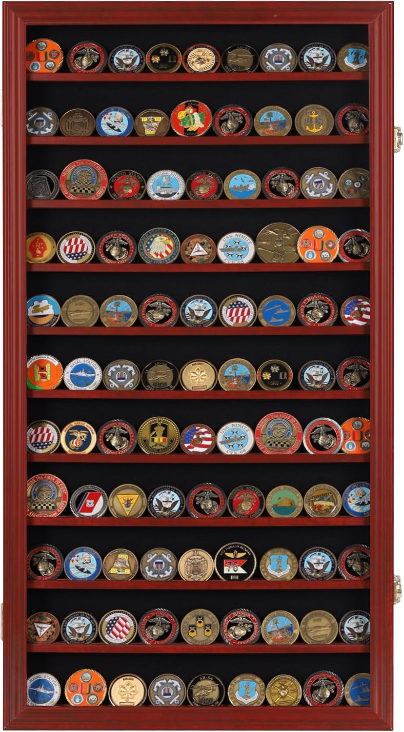 DisplayGifts Military Challenge Coin Display Case Poker Chips Holder Wall Cabinet Rack 29 X 16 Compatible with Army Navy Air Force Marine Corps Challenge Coins