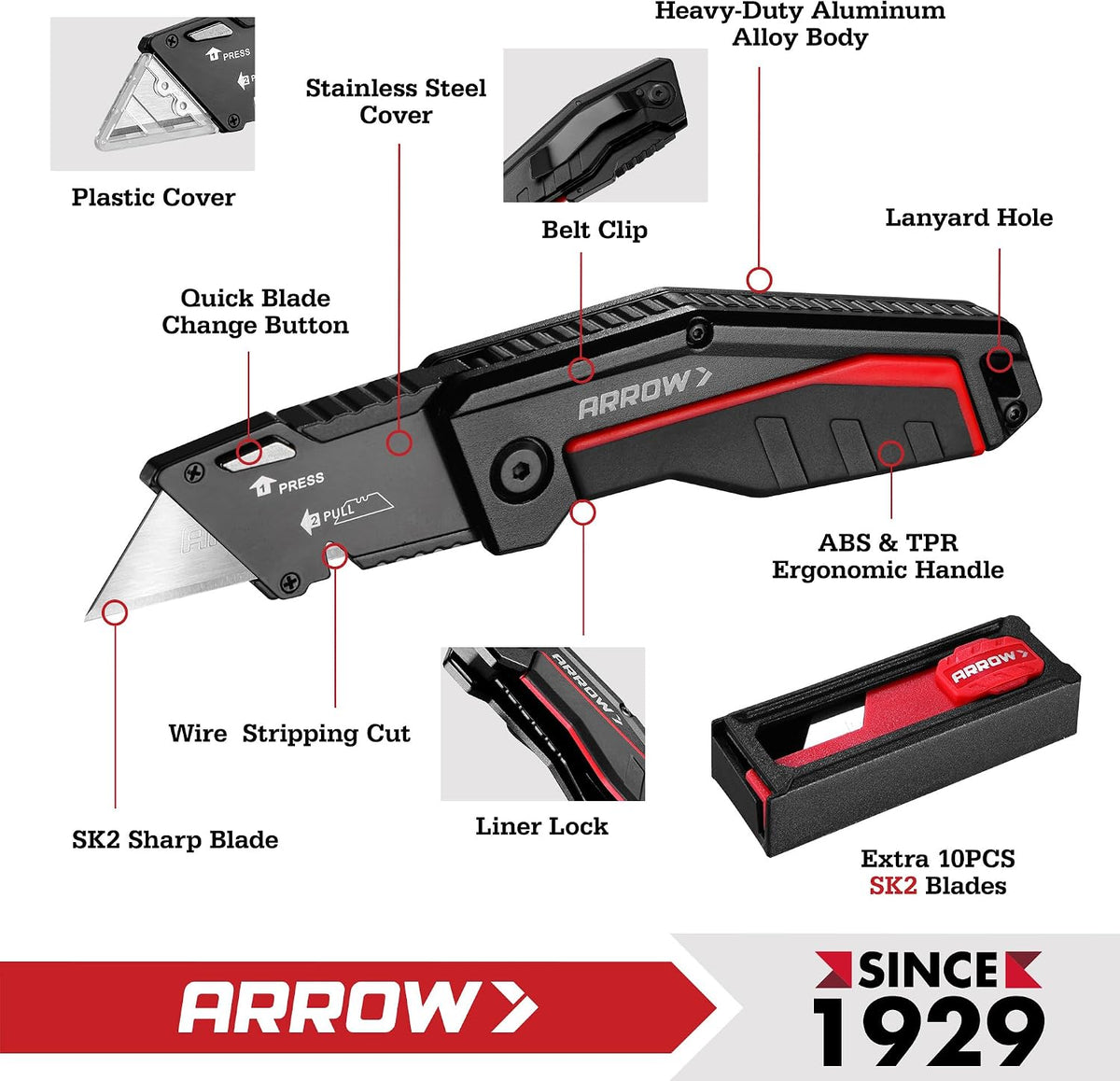 ARROW Folding Utility Knife, Quick Change Box Cutter with 10 Blades