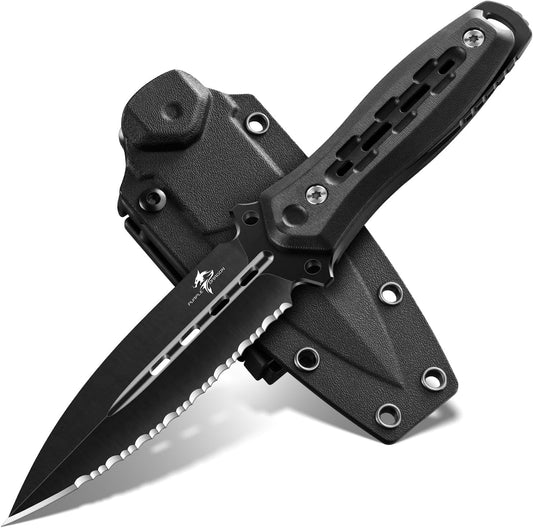Fixed Blade Knife with Kydex Sheath- Utility Knife Black | 440C Steel, Full Tang Handle, for Camping, Hiking, Bushcraft & Outdoor, Gift Box