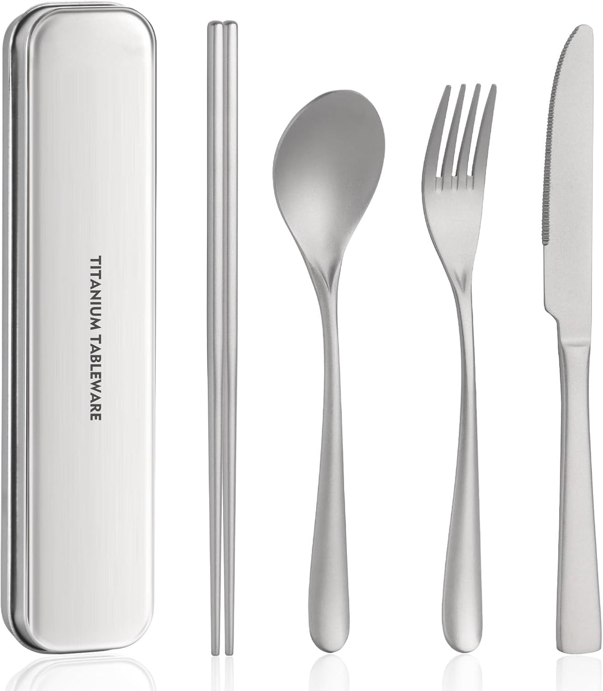 Titanium utensil travel set, portable lunch silverware set with box, including titanium chopsticks, spoon, fork, knife, reusable, suitable for, office, and outdoor dining (Titanium gray 4-piece set)
