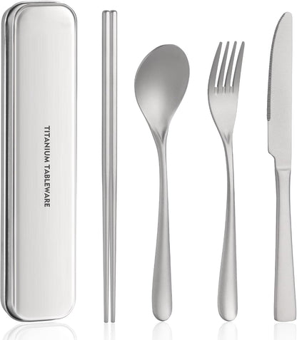 Titanium utensil travel set, portable lunch silverware set with box, including titanium chopsticks, spoon, fork, knife, reusable, suitable for, office, and outdoor dining (Titanium gray 4-piece set)