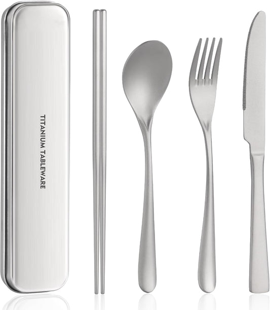 Titanium utensil travel set, portable lunch silverware set with box, including titanium chopsticks, spoon, fork, knife, reusable, suitable for, office, and outdoor dining (Titanium gray 4-piece set)