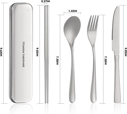 Titanium utensil travel set, portable lunch silverware set with box, including titanium chopsticks, spoon, fork, knife, reusable, suitable for, office, and outdoor dining (Titanium gray 4-piece set)