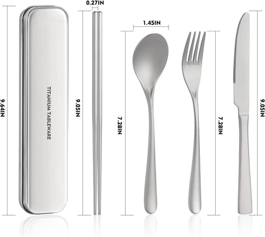 Titanium utensil travel set, portable lunch silverware set with box, including titanium chopsticks, spoon, fork, knife, reusable, suitable for, office, and outdoor dining (Titanium gray 4-piece set)