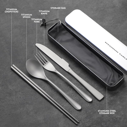 Titanium utensil travel set, portable lunch silverware set with box, including titanium chopsticks, spoon, fork, knife, reusable, suitable for, office, and outdoor dining (Titanium gray 4-piece set)