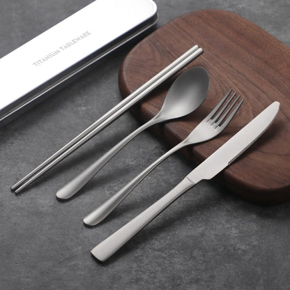 Titanium utensil travel set, portable lunch silverware set with box, including titanium chopsticks, spoon, fork, knife, reusable, suitable for, office, and outdoor dining (Titanium gray 4-piece set)
