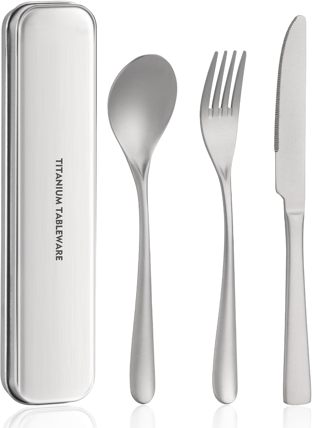 Titanium utensil travel set, portable lunch silverware set with box, including titanium chopsticks, spoon, fork, knife, reusable, suitable for, office, and outdoor dining (Titanium gray 4-piece set)