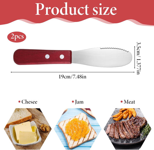 2pcs Stainless Steel Butter Spreader Knife with Wooden Handle, Long Handle Red & Steel Color, Kitchen Tools for Sandwich Cream Condiments