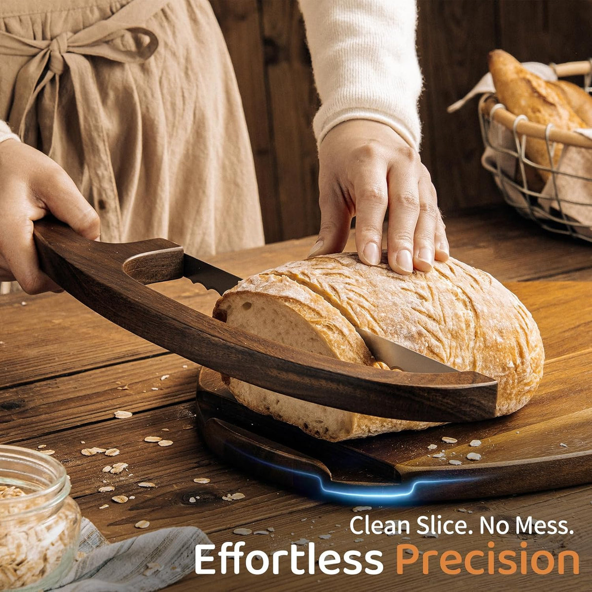 Sourdough Bread Slicer & Bow Knife Set - High Arch Bread Cutter for Homemade Bread - Heavy Duty Wooden Cutting Board with Deep Groove for Hard Crusts - Magnetic Design, Unique Sourdough Shape