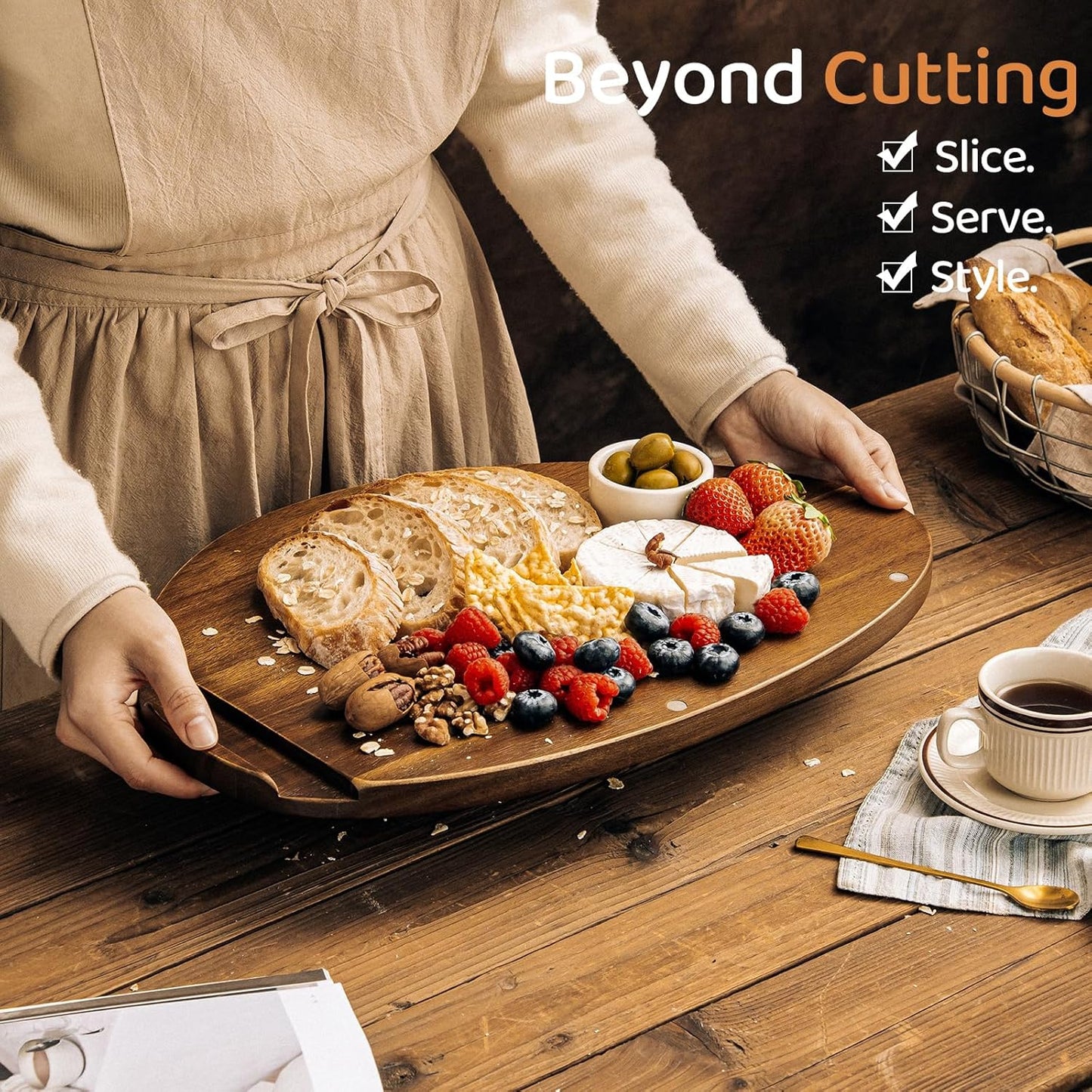 Sourdough Bread Slicer & Bow Knife Set - High Arch Bread Cutter for Homemade Bread - Heavy Duty Wooden Cutting Board with Deep Groove for Hard Crusts - Magnetic Design, Unique Sourdough Shape