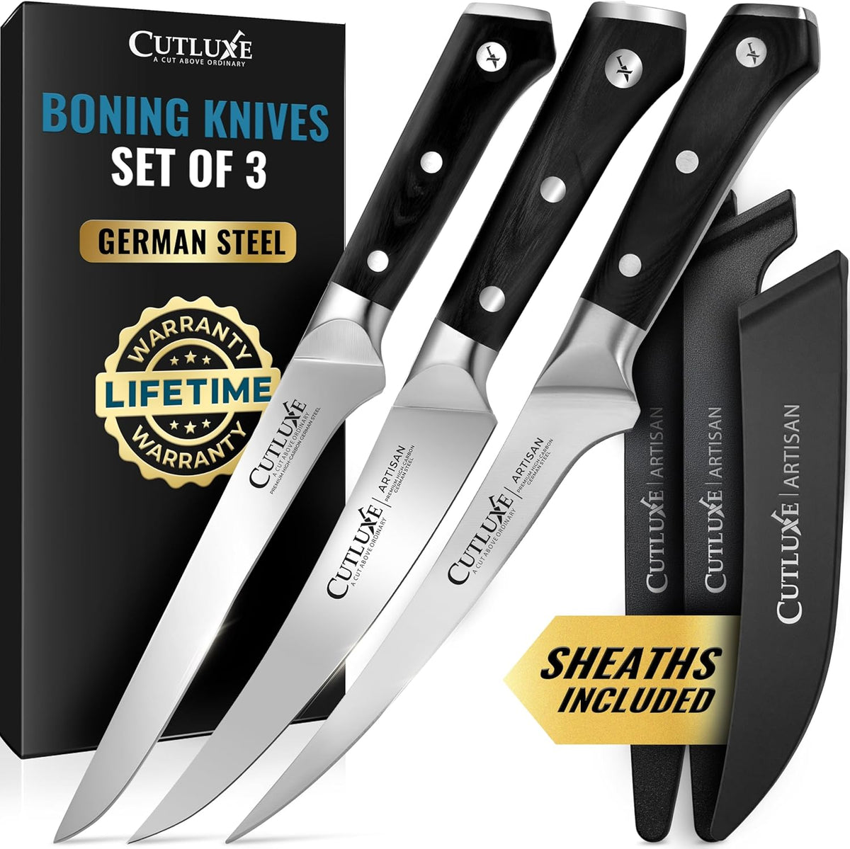 Carving Knife Set for BBQ & Brisket, 12" Slicing & 6" Boning Knife | Razor Sharp German Steel, Sheaths Included, Full Tang Ergonomic Handles for Meat Cutting