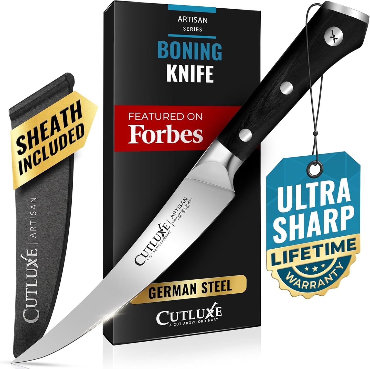 Carving Knife Set for BBQ & Brisket, 12" Slicing & 6" Boning Knife | Razor Sharp German Steel, Sheaths Included, Full Tang Ergonomic Handles for Meat Cutting