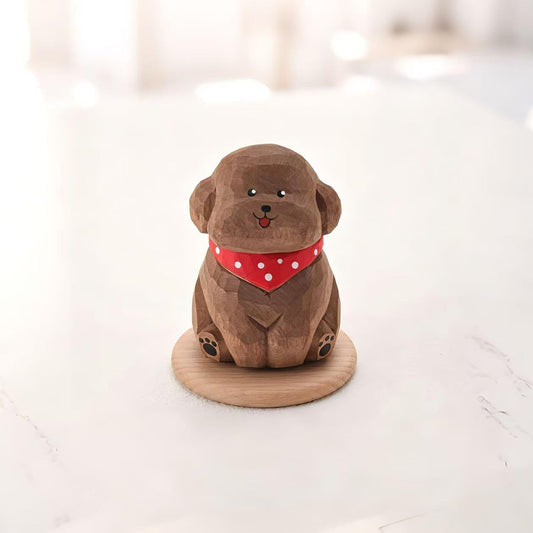 Hand-Carved Wooden Teddy Dog Figurine, 2.7" Brown Puppy Statue with Base for Car Dashboard, Desk & Home Decor, Gift for Dog Lovers