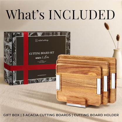 Acacia Wood Cutting Board Set with Holder – 4 Piece Wooden Cutting Board Set with Stand – Reversible Charcuterie Tray with Juice Grooves and Gold Handles – Stylish Kitchen Gift