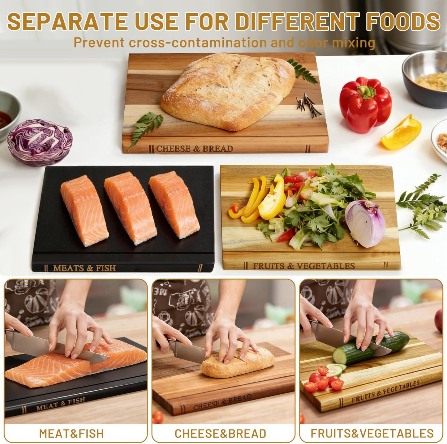 Book Cutting Board Set of 3 - Wooden Cutting Boards That Look Like Books with Stand, Acacia Wood for Meat, Vegetables, Cheese & Bread - Unique Kitchen Decor & Hygienic Gift