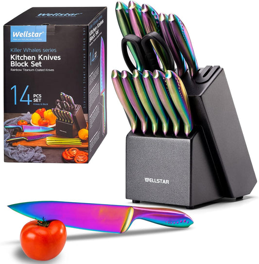 WELLSTAR Rainbow Knife Set - 7-Piece Iridescent German High-Carbon Stainless Steel Kitchen Knives with Universal Knife Block, Colorful Kitchen Cutlery for Cooking and Food Prep