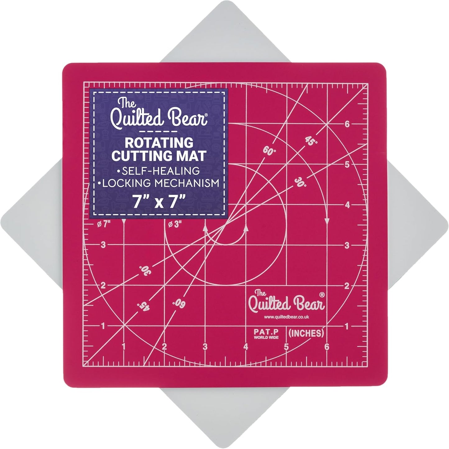 The Quilted Bear Rotating Cutting Mat 12" x 12" - Locking & Rotating Self Healing Cutting Board for Sewing, Fabric & Quilting - 360 Degree Sewing Supplies Mat for Craft Table (Pink)