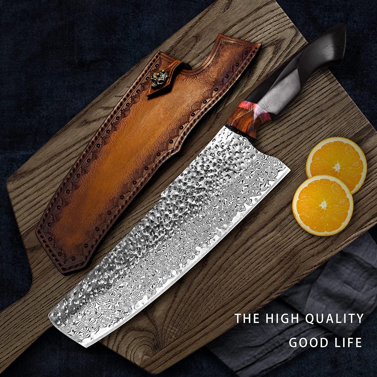 7.9in nakiri chef knife,handmade damascus steel blade ebony handle,japanese style kitchen vegetable knife with leather sheath,cutting cooking knives for kitchen