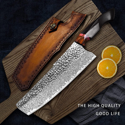 7.9in nakiri chef knife,handmade damascus steel blade ebony handle,japanese style kitchen vegetable knife with leather sheath,cutting cooking knives for kitchen
